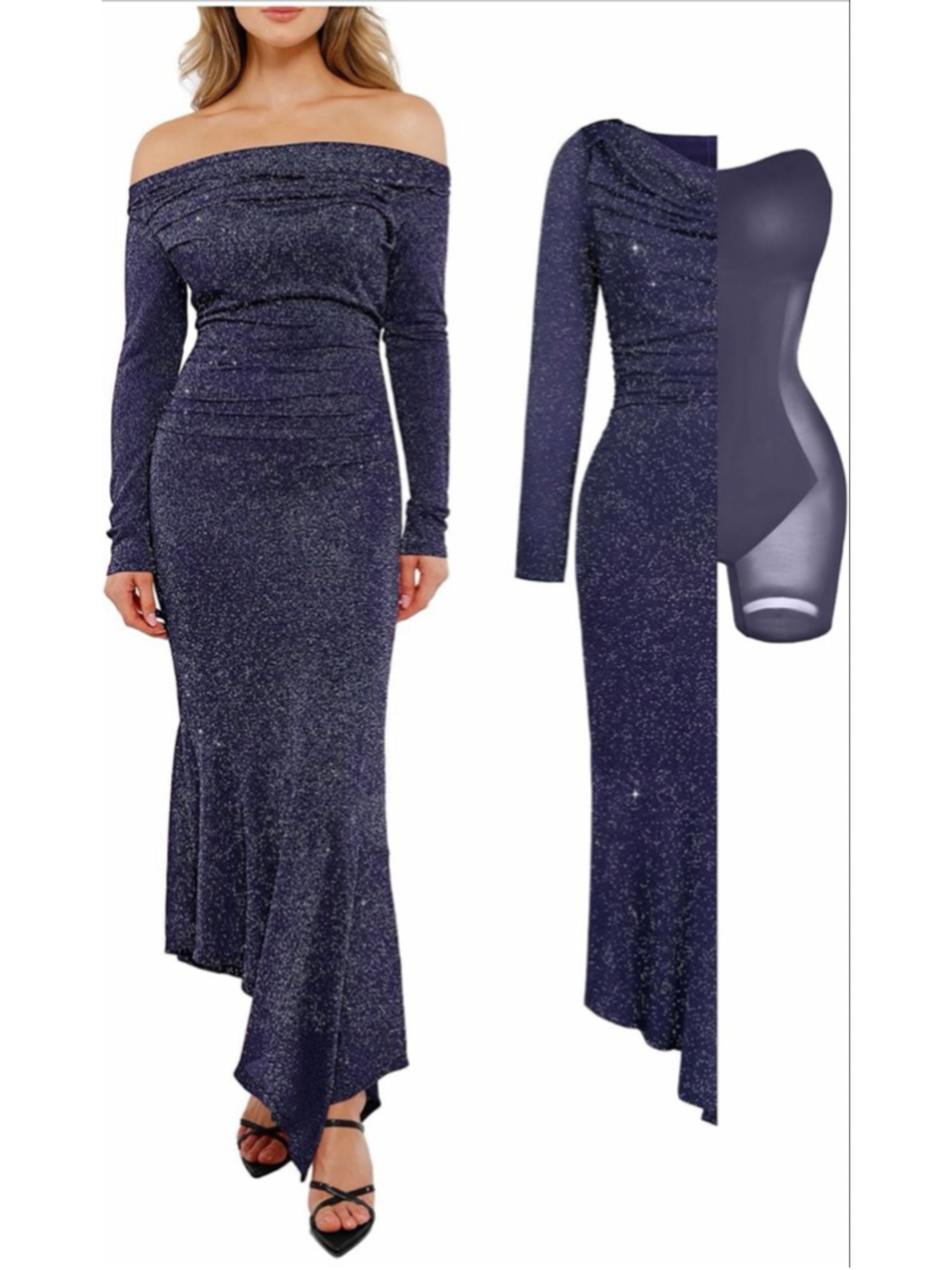 NEW Popilush Shapewear Maxi Dress L Sparkly Off Shoulder Long Sleeve S $146